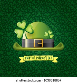 vector saint patrick's day label with glossy hat and ribbon with text isolated on green background. saint patrick's day poster or banner design template