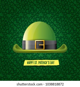 vector saint patrick's day label with glossy hat and ribbon with text isolated on green background. saint patrick's day poster or banner design template
