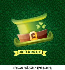 vector saint patrick's day label with glossy hat and ribbon with text isolated on green background. saint patrick's day poster or banner design template