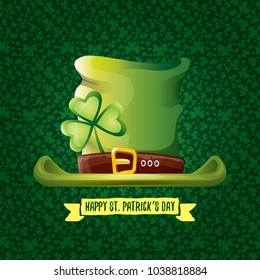 vector saint patrick's day label with glossy hat and ribbon with text isolated on green background. saint patrick's day poster or banner design template