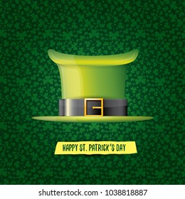 vector saint patrick's day label with glossy hat and ribbon with text isolated on green background. saint patrick's day poster or banner design template