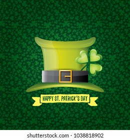 vector saint patrick's day label with glossy hat and ribbon with text isolated on green background. saint patrick's day poster or banner design template