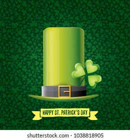 vector saint patrick's day label with glossy hat and ribbon with text isolated on green background. saint patrick's day poster or banner design template
