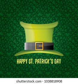 vector saint patrick's day label with glossy hat and ribbon with text isolated on green background. saint patrick's day poster or banner design template