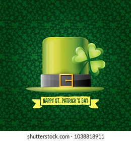 vector saint patrick's day label with glossy hat and ribbon with text isolated on green background. saint patrick's day poster or banner design template