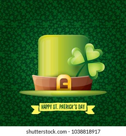 vector saint patrick's day label with glossy hat and ribbon with text isolated on green background. saint patrick's day poster or banner design template