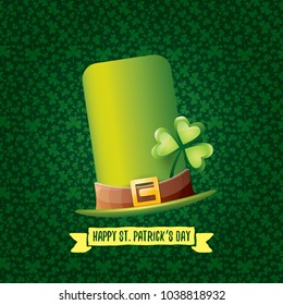 vector saint patrick's day label with glossy hat and ribbon with text isolated on green background. saint patrick's day poster or banner design template