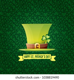vector saint patrick's day label with glossy hat and ribbon with text isolated on green background. saint patrick's day poster or banner design template