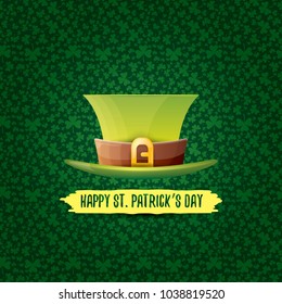 vector saint patrick's day label with glossy hat and ribbon with text isolated on green background. saint patrick's day poster or banner design template