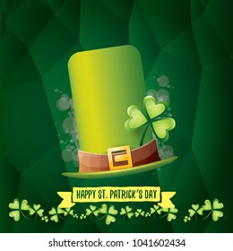 vector saint patrick's day label with glossy hat and ribbon with text isolated on green background. saint patrick's day poster or banner design template