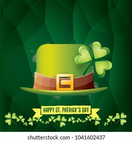 vector saint patrick's day label with glossy hat and ribbon with text isolated on green background. saint patrick's day poster or banner design template