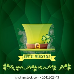 vector saint patrick's day label with glossy hat and ribbon with text isolated on green background. saint patrick's day poster or banner design template