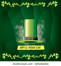 vector saint patrick's day label with glossy hat and ribbon with text isolated on green background. saint patrick's day poster or banner design template