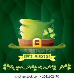 vector saint patrick's day label with glossy hat and ribbon with text isolated on green background. saint patrick's day poster or banner design template