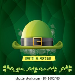 vector saint patrick's day label with glossy hat and ribbon with text isolated on green background. saint patrick's day poster or banner design template