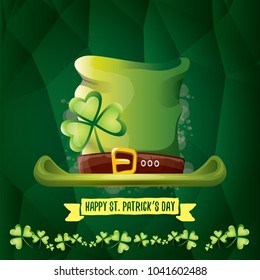 vector saint patrick's day label with glossy hat and ribbon with text isolated on green background. saint patrick's day poster or banner design template