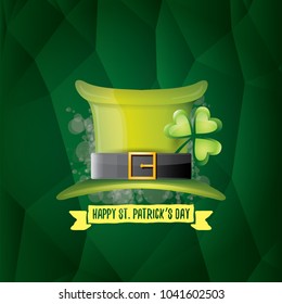 vector saint patrick's day label with glossy hat and ribbon with text isolated on green background. saint patrick's day poster or banner design template