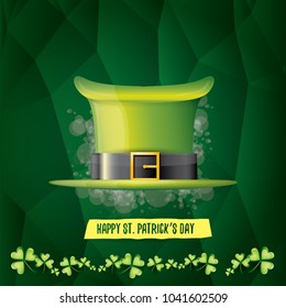vector saint patrick's day label with glossy hat and ribbon with text isolated on green background. saint patrick's day poster or banner design template