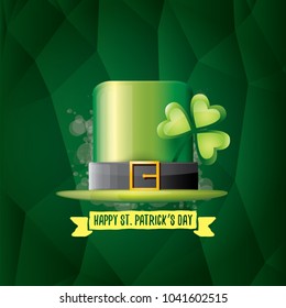 vector saint patrick's day label with glossy hat and ribbon with text isolated on green background. saint patrick's day poster or banner design template