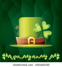 vector saint patrick's day label with glossy hat and ribbon with text isolated on green background. saint patrick's day poster or banner design template