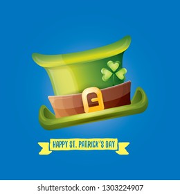 vector saint patrick's day label with glossy hat and ribbon with text isolated on blue background. saint patrick's day poster or banner design template