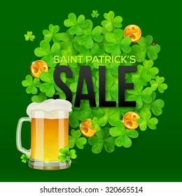 Vector Saint Patrick's Day SALE banner with clovers, golden coins and mug of beer
