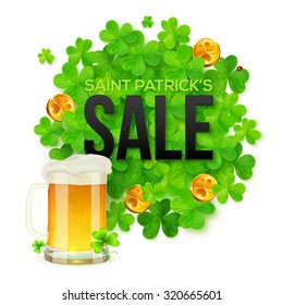 Vector Saint Patrick's Day SALE banner with clovers, golden coins and mug of beer