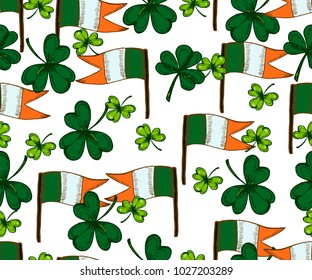 Vector Saint Patricks Day seamless pattern.  Clovers, shamrock, flag of Ireland. 