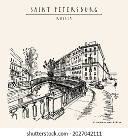 Vector Saint Petersburg, Russia postcard. Sennoy bridge. Historical buildings in city center. Dostoyevsky heritage place. Travel sketch. Hand drawn vintage touristic poster, book illustration