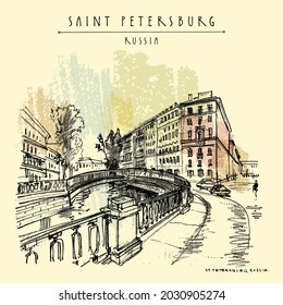 Vector Saint Petersburg, Russia Postcard. Sennoy Bridge. Historical Buildings In City Center. Dostoyevsky Heritage Place. Travel Sketch. Hand Drawn Vintage Touristic Poster, Book Illustration