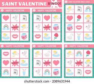 Vector Saint Valentine Bingo Cards Set. Fun Family Lotto Board Game With Cute Cupid, Heart, Rose, Swan, Dove For Kids. Love Holiday Lottery Activity. Simple Educational Printable Worksheet.
