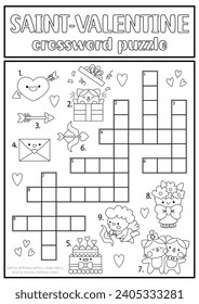 Vector Saint Valentine black and white crossword puzzle for kids. Love holiday line quiz. Educational kawaii activity, coloring page. Cute English language cross word with cupid, heart, couple
