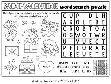 Vector Saint Valentine black and white word search puzzle for kids. Love holiday quiz. Educational kawaii activity, coloring page. Cute English language cross word with cupid, heart, couple
