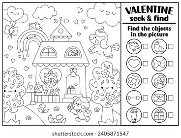 Vector Saint Valentine black and white searching game with house and kawaii character. Spot hidden objects coloring page. Simple love holiday seek and find activity with unicorn, cupid, hearts
