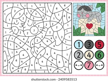 Vector Saint Valentine color by number activity with cute kawaii cat lying on the letter sealed with heart. Love holiday scene. Black and white counting game with funny kitten. Coloring page for kids
