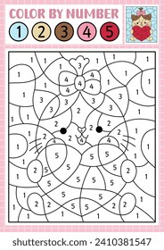 Vector Saint Valentine color by number activity with cute kawaii cat holding heart. Love holiday scene. Black and white counting game with funny kitten girl. Coloring page for kids
