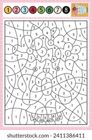 Vector Saint Valentine color by number activity with cute kawaii smiling bouquet of flowers. Love holiday scene. Black and white counting game with funny floral bunch. Coloring page for kids
