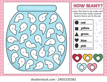 Vector Saint Valentine coloring and math puzzle with jar and hearts. Logical printable counting activity for kids. Love holiday worksheet with cute symbol. Original shape recognition game for children