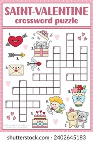 Rompecabezas de crucigrama de San Valentín vector para los niños. Concurso de fiestas de amor para niños. Actividad educativa con símbolos kawaii. Palabras cruzadas en inglés con cupido, corazón, pareja, torta, ramo
