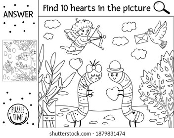 Vector Saint Valentine Day Black And White Searching Game With Cute Caterpillars In The Garden. Find Hidden Hearts In The Picture. Simple Outline Educational Holiday Printable Activity For Kids 
