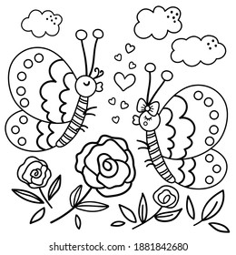 Vector Saint Valentine day black and white background with cute insects. Funny scene with two enamored butterflies in the garden. Funny illustration or coloring page for kids with love concept.
