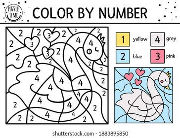 Vector Saint Valentine day color by number activity with swan and hearts. February holiday coloring and counting game with cute bird. Funny coloration page for kids with love symbol. 
