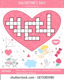 Vector Saint Valentine day crossword puzzle for kids. Simple heart shaped quiz with holiday objects and animals for children. Educational activity with traditional elements and love theme
