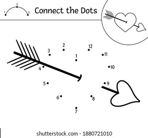 Vector Saint Valentine Day dot-to-dot and color activity with cute heart with arrow. Holiday connect the dots game for children with love theme. Funny coloring page for kids. 
