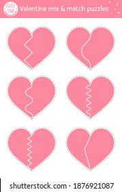 Vector Saint Valentine day mix and match puzzle with traditional holiday symbols. Matching activity for preschool children. Educational printable game for kids with hearts halves
