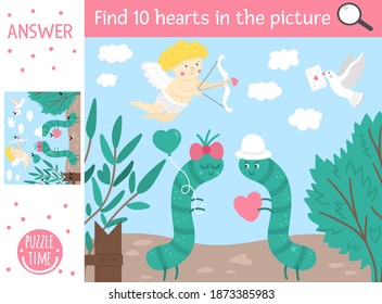 Vector Saint Valentine Day Searching Game With Cute Caterpillars In The Garden. Find Hidden Hearts In The Picture. Simple Fun Educational Holiday Printable Activity For Kids With Funny Characters
