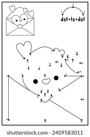 Vector Saint Valentine dot-to-dot and color activity with cute kawaii heart getting out letter. Love holiday connect the dots game. Coloring page for kids. Printable worksheet
