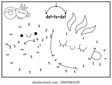 Vektor St. Valentine Dot-to-Dot und Farbaktivität mit süßem Kawaii-Becher und Donut. Liebesurlaub verbindet das Dots-Spiel mit lustigem Charakter. Farbseite für Kinder. Druckblatt
