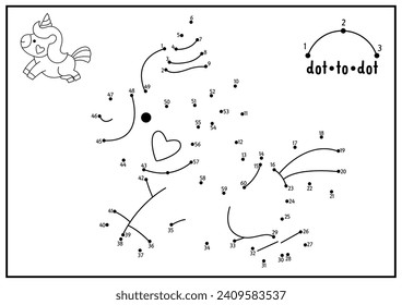 Vector Saint Valentine dot-to-dot and color activity with cute kawaii unicorn with heart. Love holiday connect the dots game with funny character. Coloring page for kids. Printable worksheet
