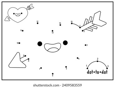 Vektor Saint Valentine Dot-to-Dot und Farbaktivität mit süßem kawaii Herz durchbohrt mit Pfeil. Liebesurlaub verbindet das Dots-Spiel mit lustigem Charakter. Farbseite für Kinder. Druckblatt
